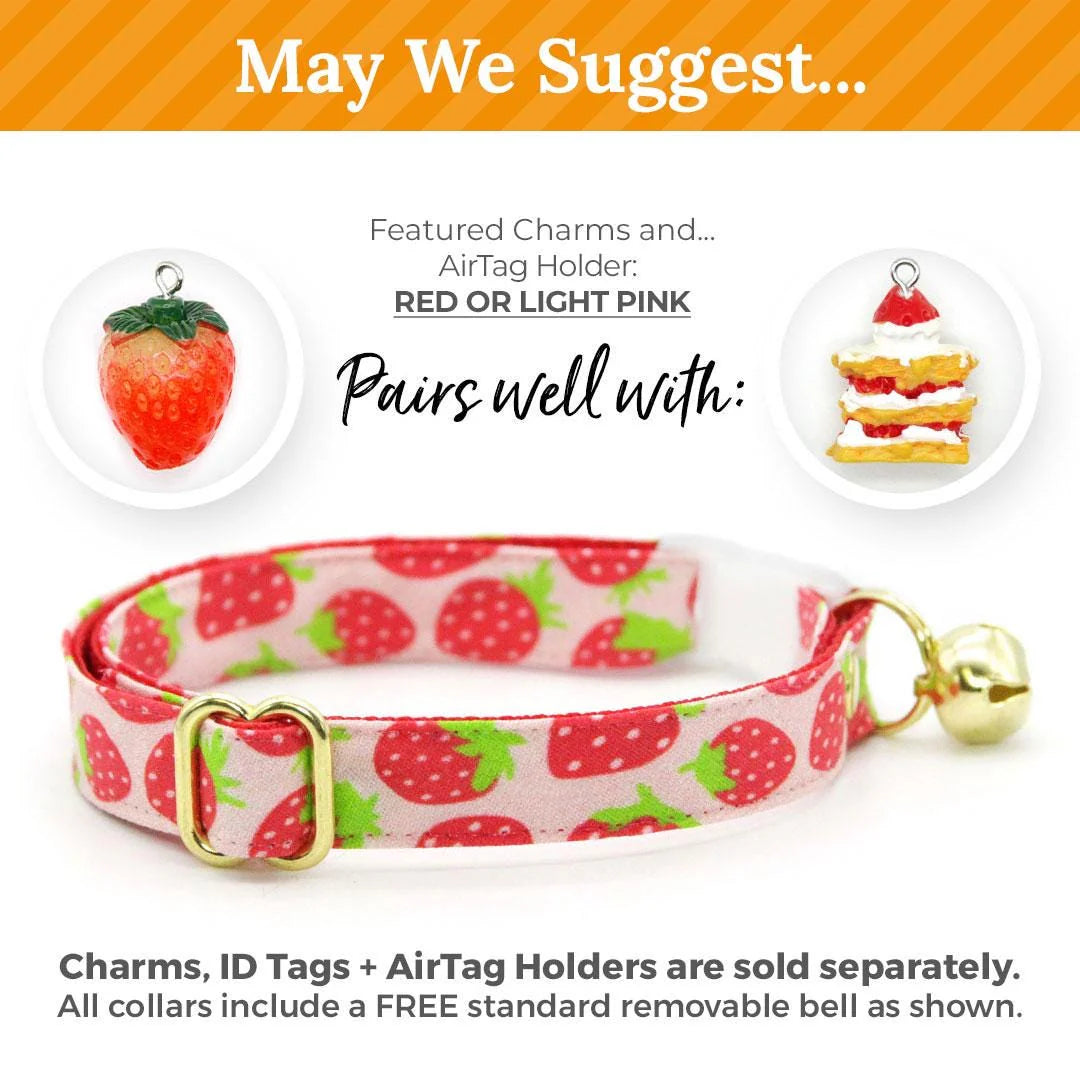 Cat Collar + Bunny Ear Bow Set - "Strawberry Patch" - Strawberry Cat Collar W/ Matching Bunny Bow Tie / Red Berry Fruit, Summer / Tie-On Scarf / Cat, Kitten + Small Dog Sizes
