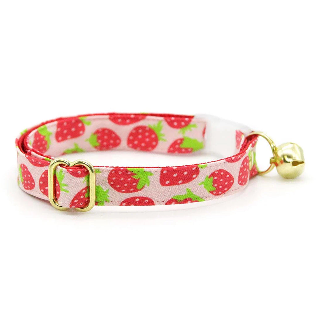 Cat Collar + Bunny Ear Bow Set - "Strawberry Patch" - Strawberry Cat Collar W/ Matching Bunny Bow Tie / Red Berry Fruit, Summer / Tie-On Scarf / Cat, Kitten + Small Dog Sizes