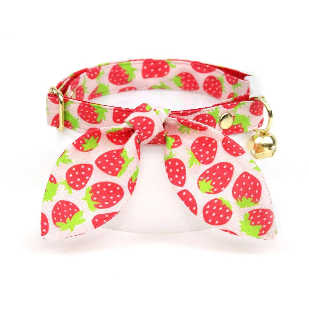 Cat Collar + Bunny Ear Bow Set - "Strawberry Patch" - Strawberry Cat Collar W/ Matching Bunny Bow Tie / Red Berry Fruit, Summer / Tie-On Scarf / Cat, Kitten + Small Dog Sizes
