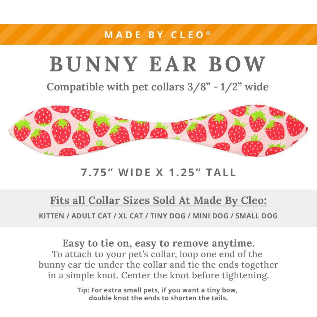 Cat Collar + Bunny Ear Bow Set - "Strawberry Patch" - Strawberry Cat Collar W/ Matching Bunny Bow Tie / Red Berry Fruit, Summer / Tie-On Scarf / Cat, Kitten + Small Dog Sizes