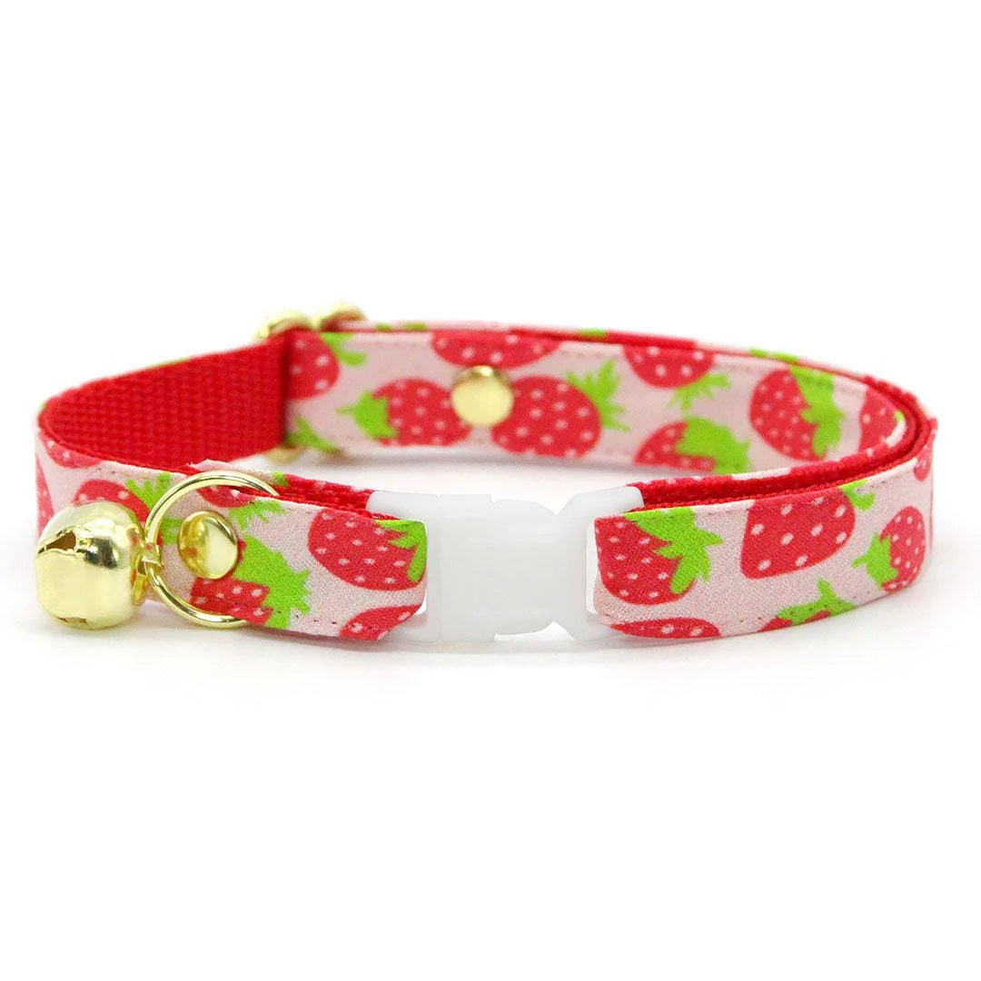 Cat Collar + Bunny Ear Bow Set - "Strawberry Patch" - Strawberry Cat Collar W/ Matching Bunny Bow Tie / Red Berry Fruit, Summer / Tie-On Scarf / Cat, Kitten + Small Dog Sizes